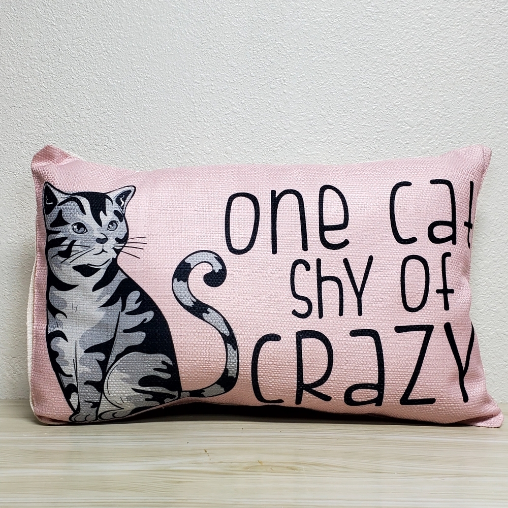 Cat Throw Pillow In Pink Canvas Fabric wQuote "One Cat Shy of Crazy." - Picture 2 of 7